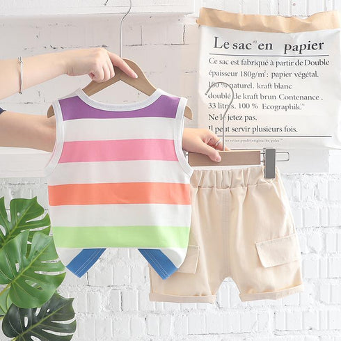 Color Wide Strip Round Neck Sleeveless Vest Suit